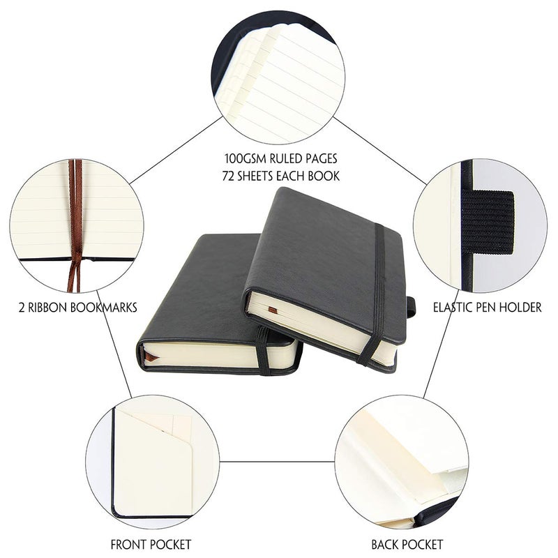 newestor (2-Pack Pocket Notebook 3.5 "" x 5.5 ""  Small Hardcover Journal with Pen Holder  Inner Pockets  100gsm Thick Ruled/Lined Paper  Black - Image 2